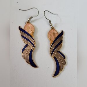 Vtg. Cloisonne Swan Blue and Gold Enamel Earrings